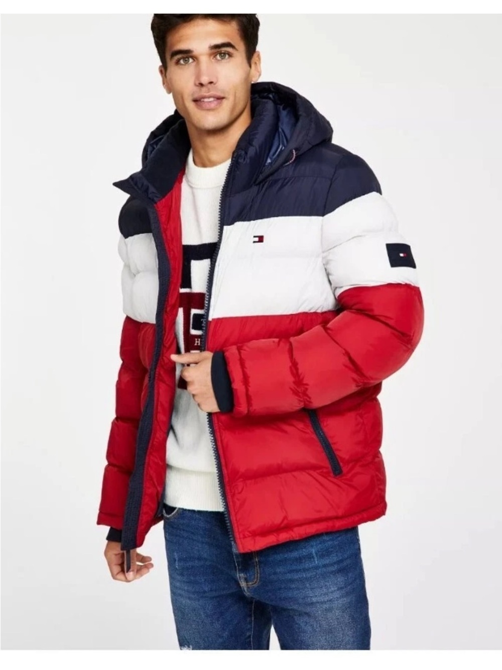 Tommy Hilfiger Men's Quilted Puffer Hooded Puffer Jacket Red White Blue Sz 3XL